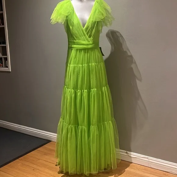 neon green tulle dress Green Tulle Long A-Line Prom Dress, Green Spaghetti Strap Evening Dres main image 0